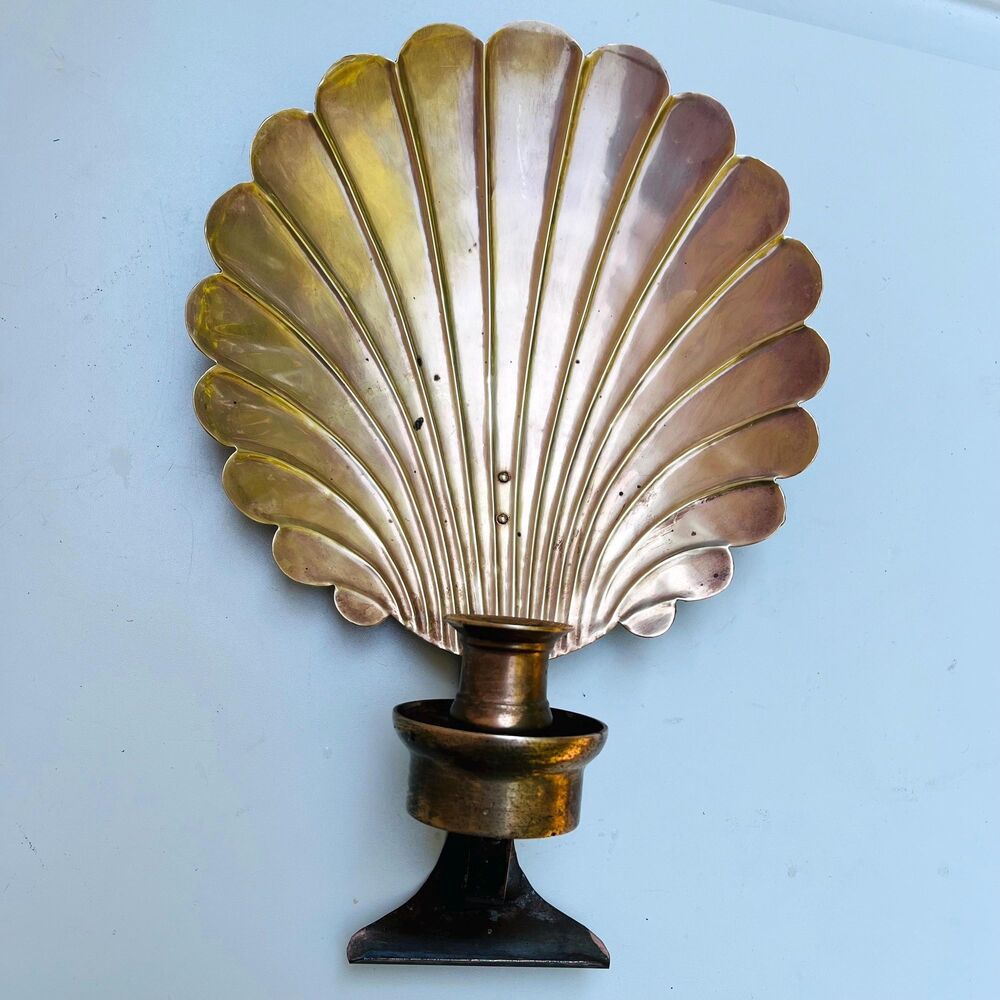 Vintage Solid Brass Scallop Shell Wall Sconce Candle Holder 12.5" x 8.5" Single